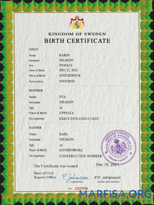 Printable Sweden vital record birth certificate PSD template, fully editable
